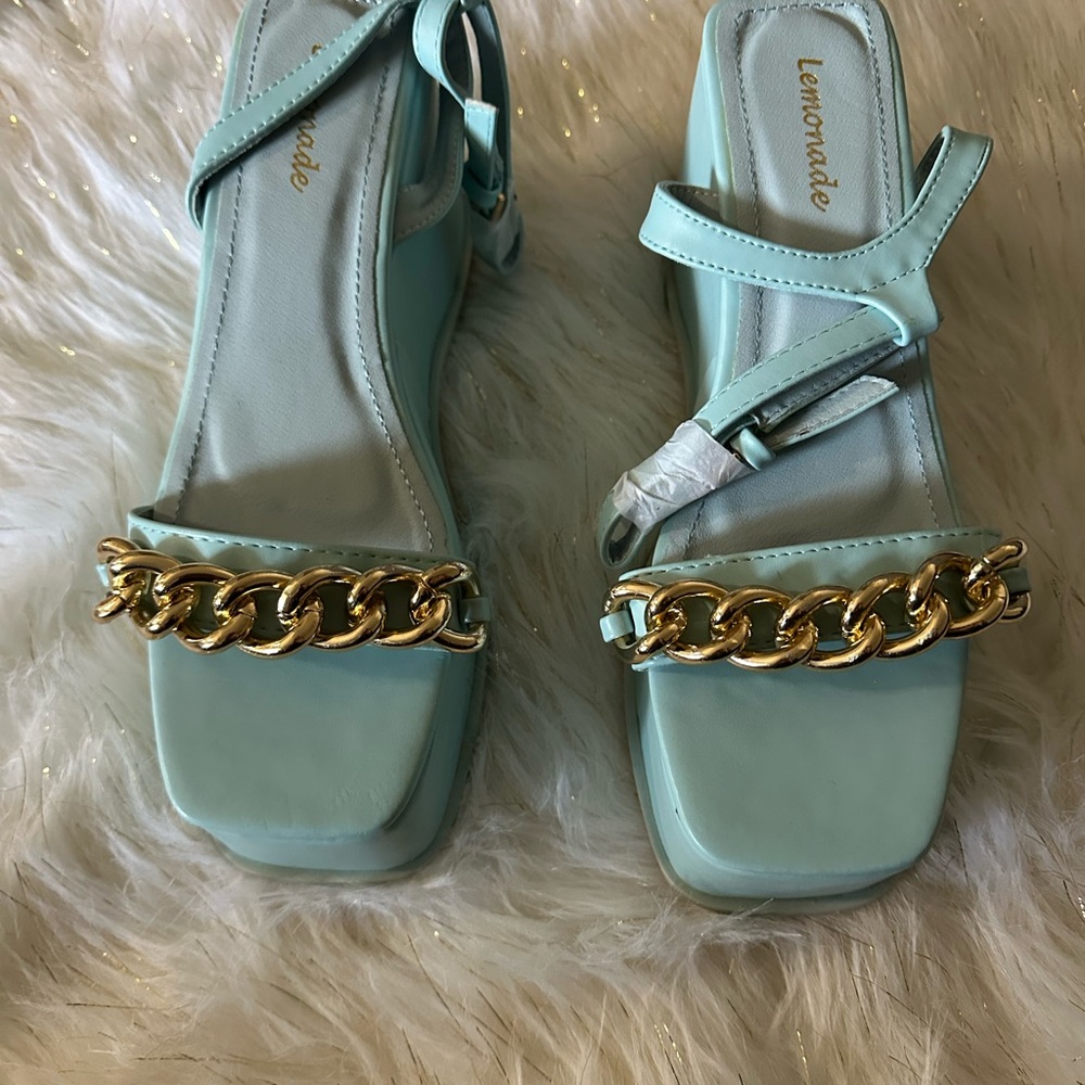 Lemon Aqua Sandals with Gold Chain Accent